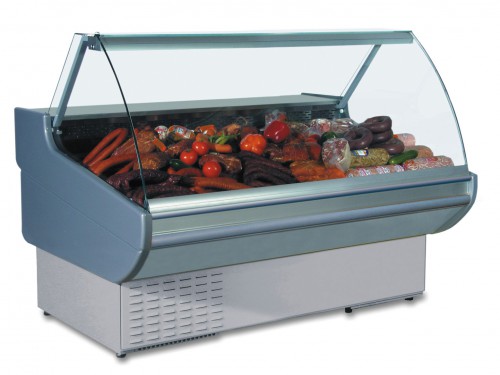 Refrigerated counter with curved glass