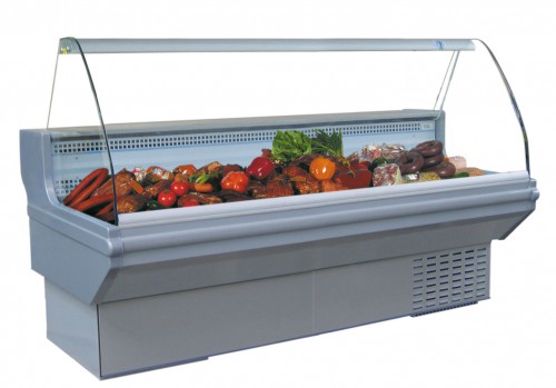 Refrigerated counter with curved glass