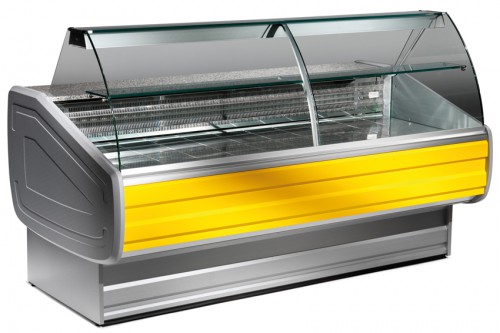 Refrigerated counter with curved glass