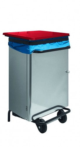 Stainless steel waste bin - 70 L - Pedal operated opening,  red lid