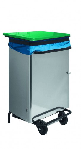 Stainless steel waste bin - 70 L- Pedal operated opening,  green lid